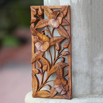 Sweet Balinese Hibiscus Artisan Crafted Floral Wood Relief Panel