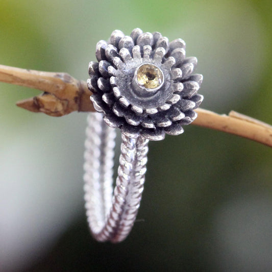 November Chrysanthemum Hand Made Citrine Sterling Silver Ring