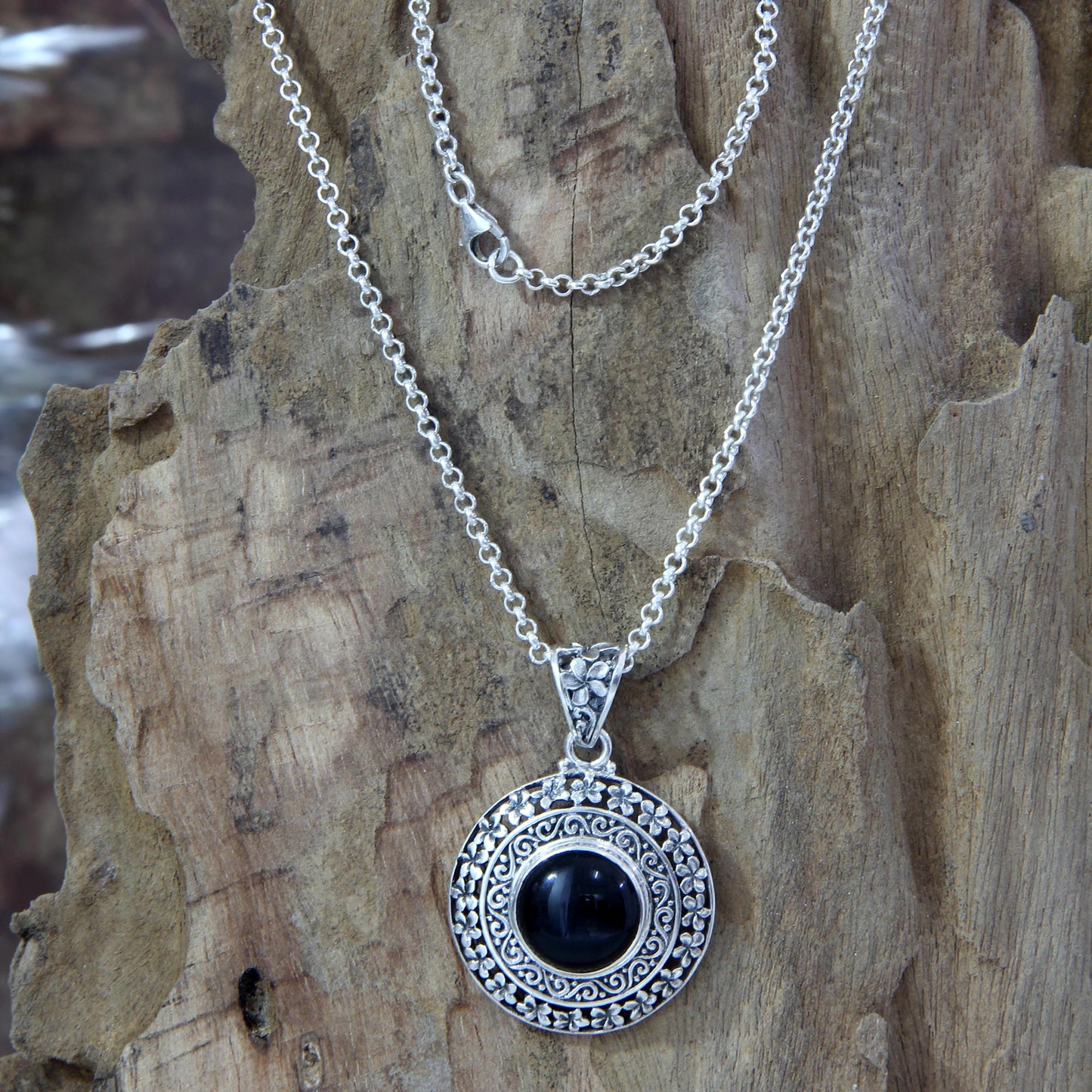 Frangipani Secrets Floral Sterling Silver and Onyx Pendant Necklace