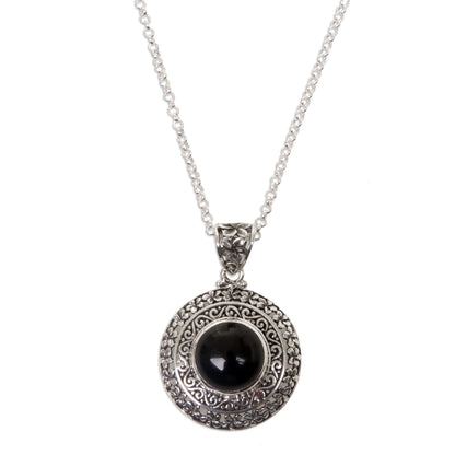 Frangipani Secrets Floral Sterling Silver and Onyx Pendant Necklace