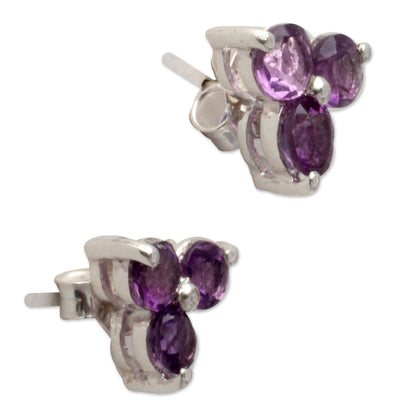 Charming Trio Silver and Amethyst Button Earrings