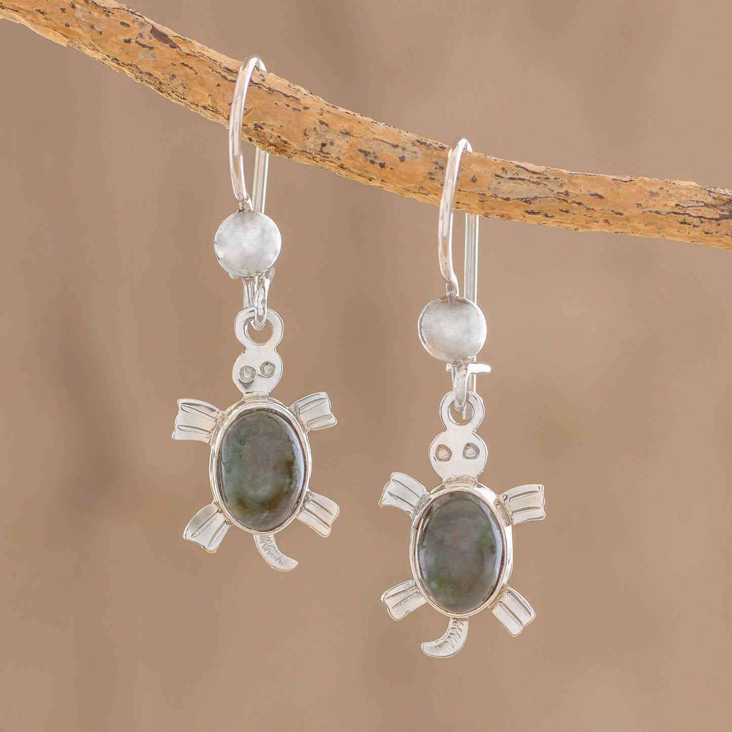 Marine Turtles Handcrafted Sterling Silver Sea Life Dangle Jade Earrings