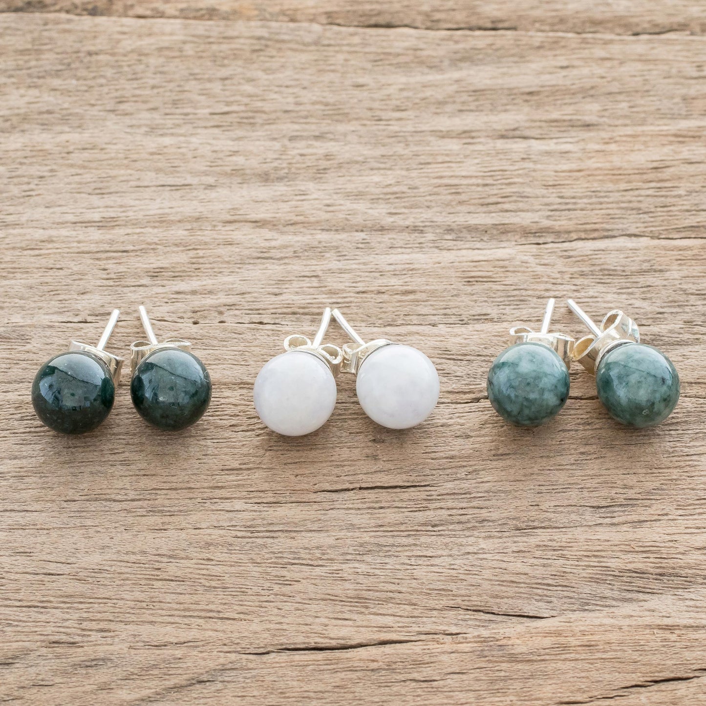 Maya Moons Handmade Sterling Silver Jade Stud Earrings (Set of 3)