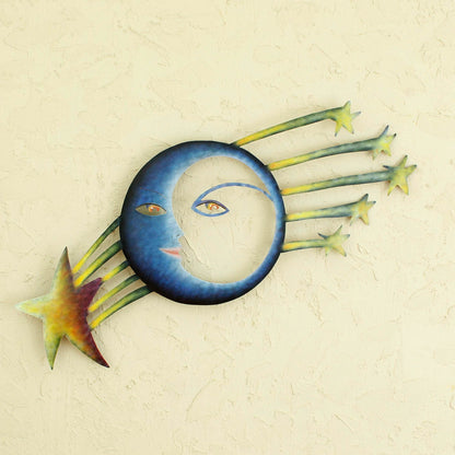 Cosmic Consciousness Fair Trade Sun and Moon Steel Yellow and Blue Wall Art