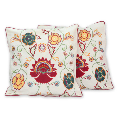 Eternal Spring Embroidered Cotton Cushion Covers from India (Pair)