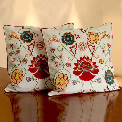 Eternal Spring Embroidered Cotton Cushion Covers from India (Pair)