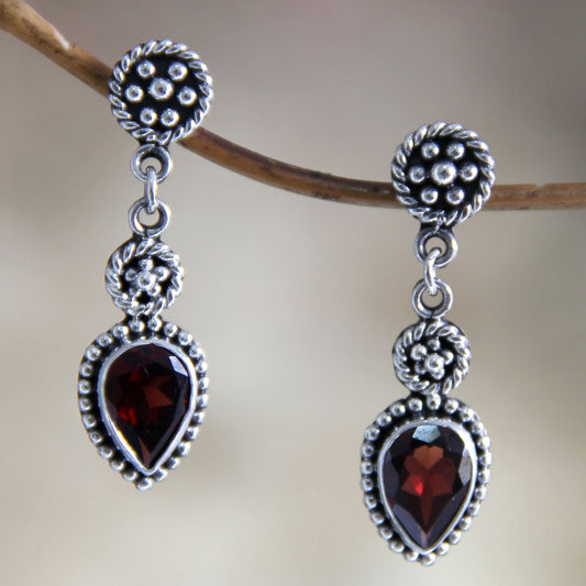 Balinese Jackfruit Hand Made Sterling Silver and Garnet Dangle Earrings