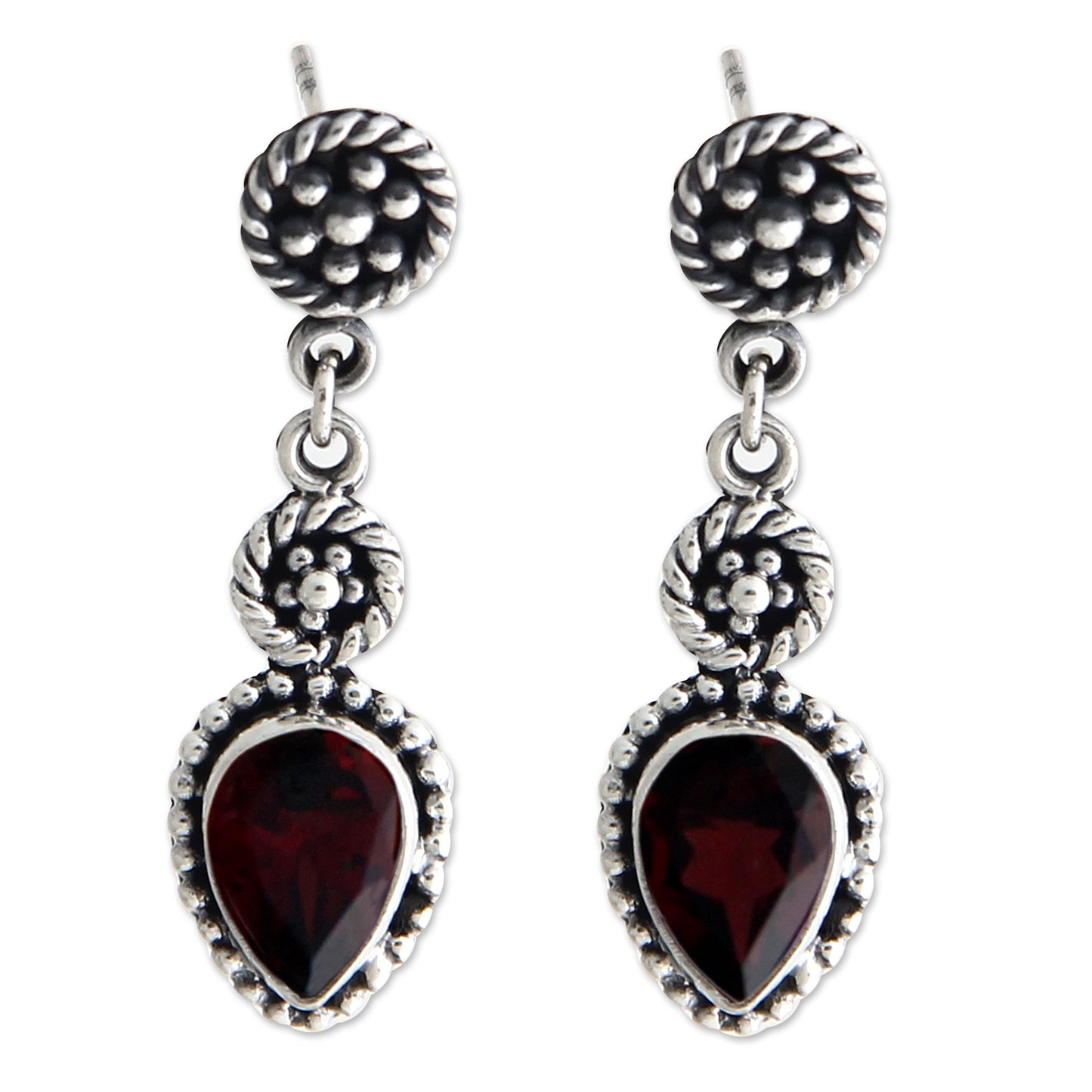 Balinese Jackfruit Hand Made Sterling Silver and Garnet Dangle Earrings