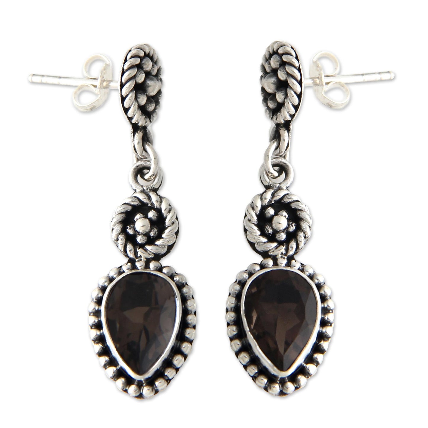 Balinese Jackfruit Unique Sterling Silver and Smoky Quartz Earrings