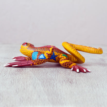 Rainbow Iguana Hand Crafted Mexican Folk Art Yellow Lizard Sculpture