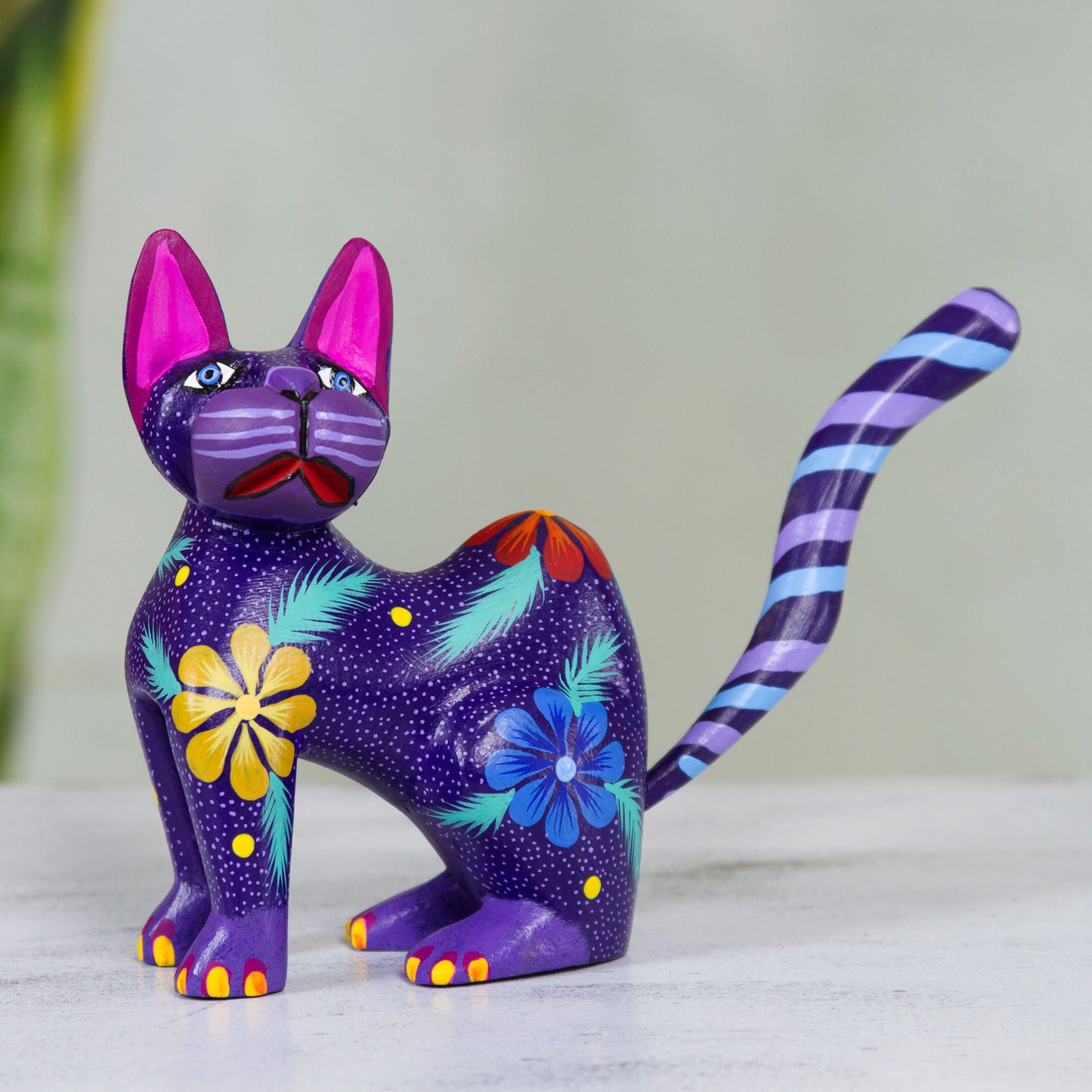 Magical Cat Hand Crafted Purple Wood Kittycat Folk Art Sculpture