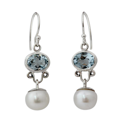 Dazzling Delhi Pearl and Blue Topaz Dangle Earrings