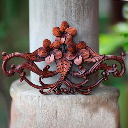 Frangipani Garland Handmade Floral Wood Relief Panel from Indonesia