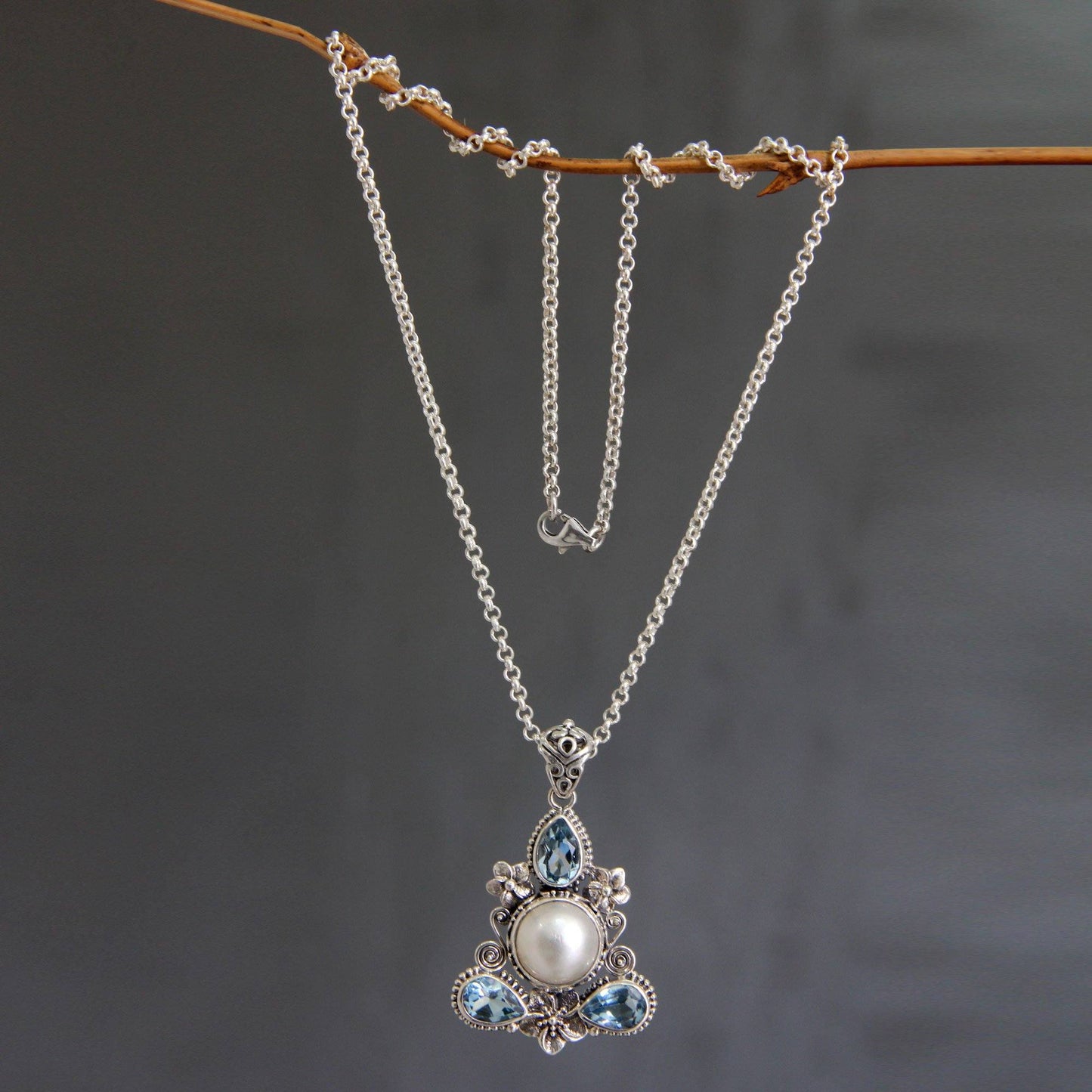 Frangipani Blue Topaz & Pearl Pendant Necklace