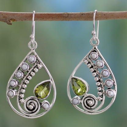 Inspired Paisley Pearl and Peridot Earrings Sterling Silver Jewelry