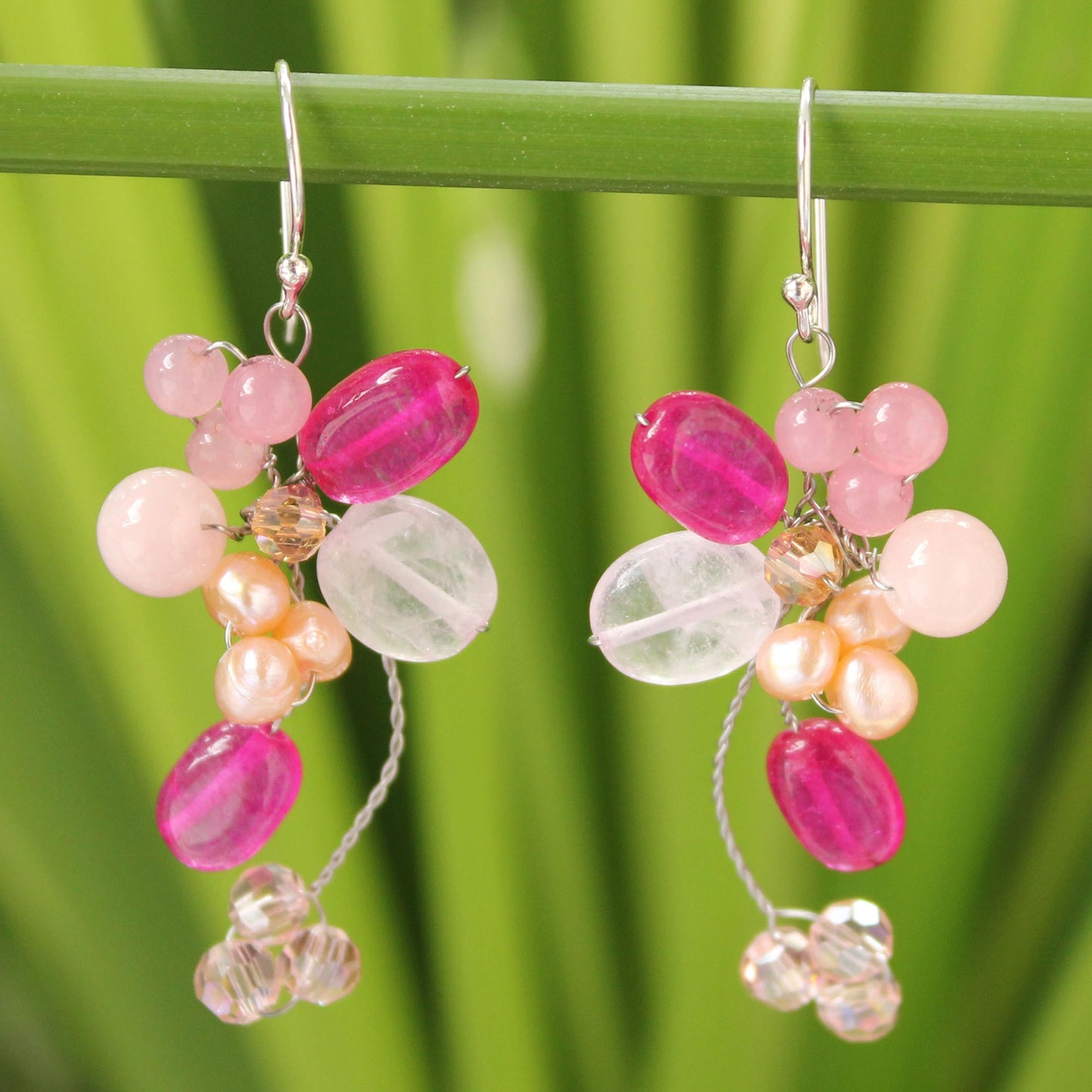 Radiant Pink Bouquet Pearl Cluster Dangle Earrings