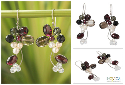 NOVICA - Pearl & Multi-gem Silver Cluster Earrings