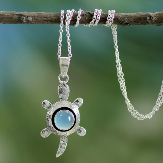 Turtle Wisdom Chalcedony and Silver Pendant Necklace