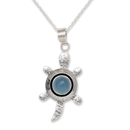 Turtle Wisdom Chalcedony and Silver Pendant Necklace