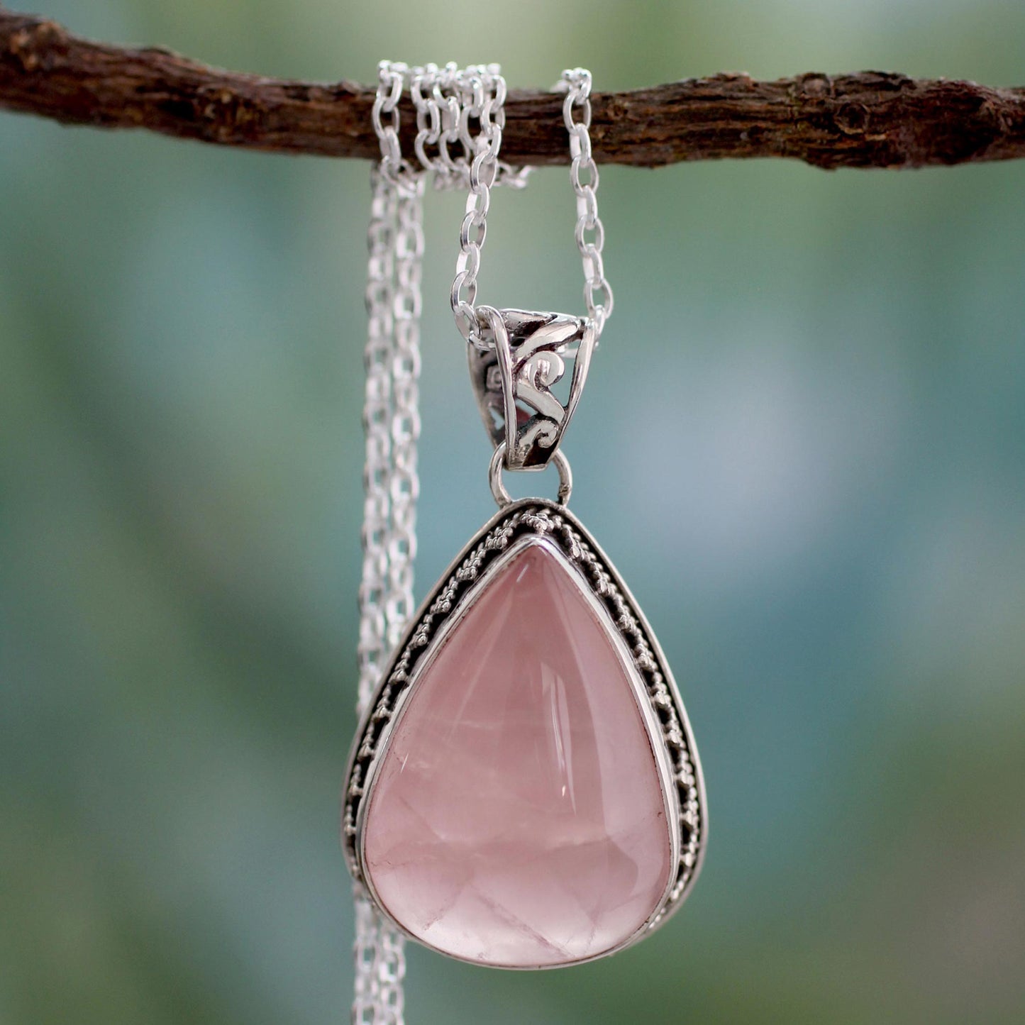 Love Drop Rose Quartz Silver Pendant Necklace