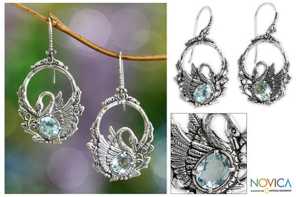 Dancing Swan Blue Topaz Dangle Earrings