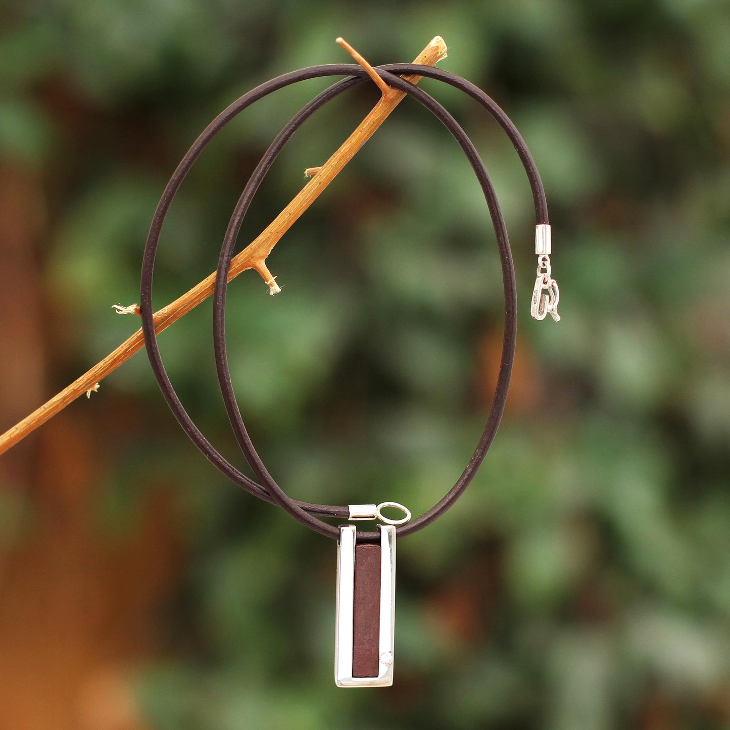 Brown Quechua Minimalist Modern Sterling Silver and Leather Pendant Necklace