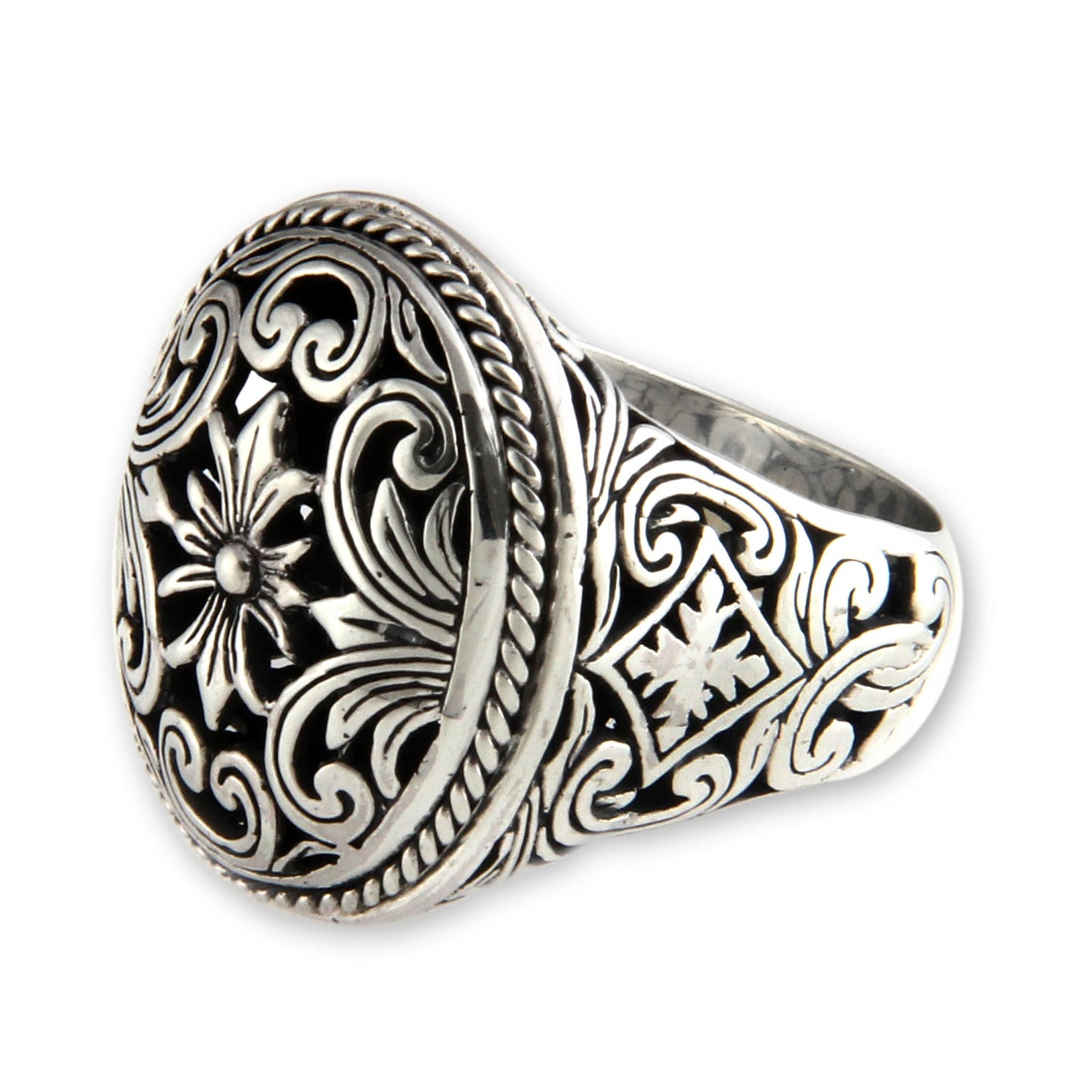 Forest Blossom Silver Floral Signet Ring