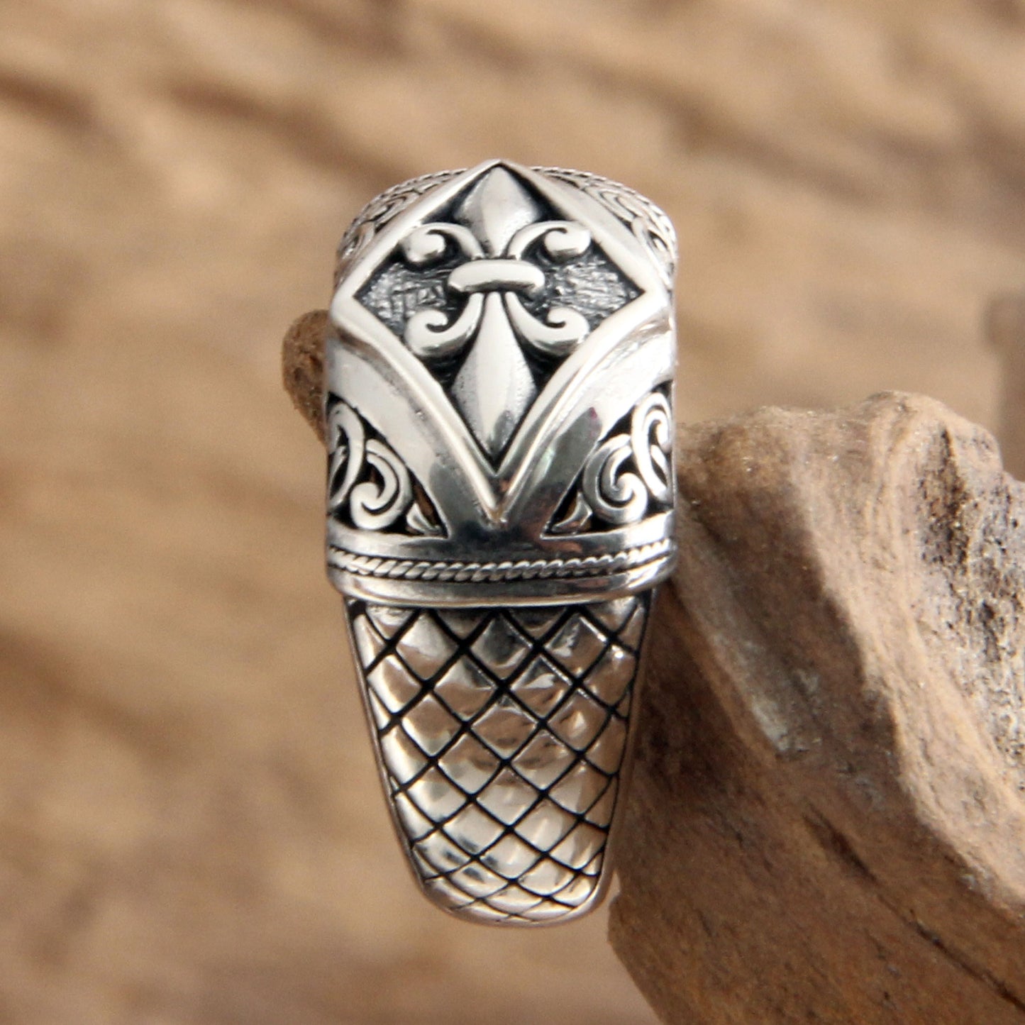 Fleur De Lis Sterling Silver Floral Domed Ring