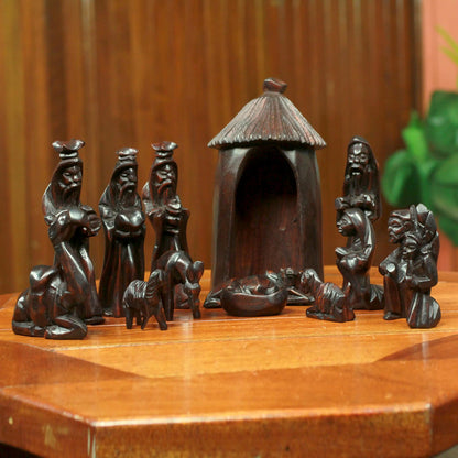 Gifts from the Ghanaian Magi Handcrafted Teak Wood Nativity Scene Sculpture (14 Piece)