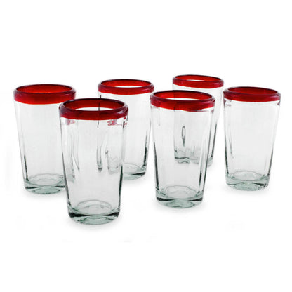 Ruby Groove 6 Collectible Mexican Recycled Red and Clear Glasses