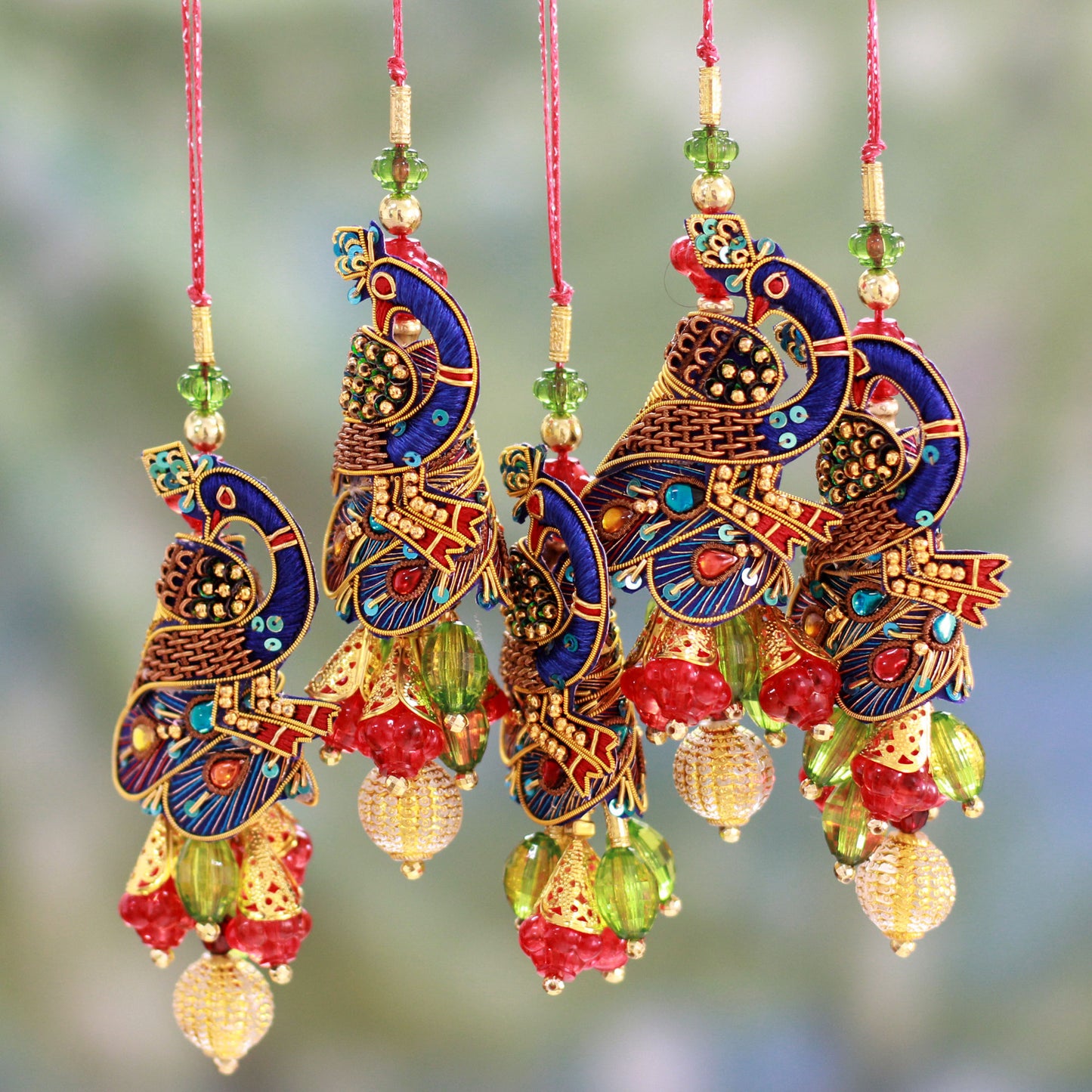 Mughal Peacocks Hand-Beaded Holiday Ornament Set