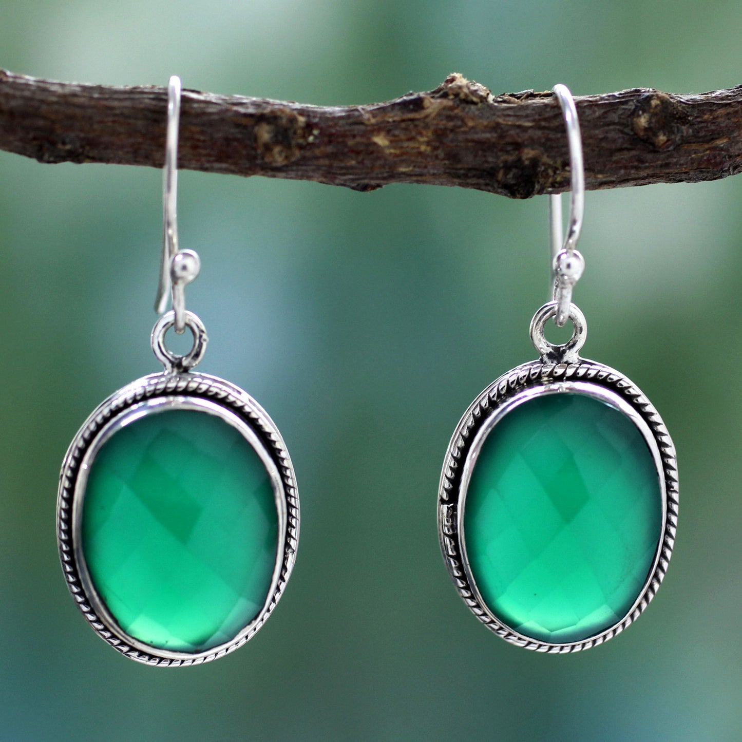 Luscious Green Green Onyx Earrings in Sterling Silver Handmade in India