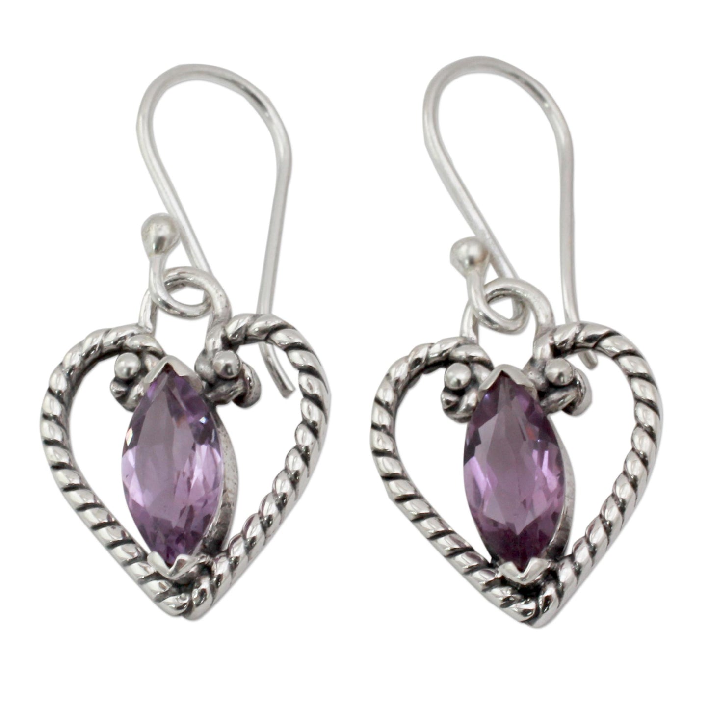 Mystic Love Amethyst Heart Earrings in Sterling Silver from India