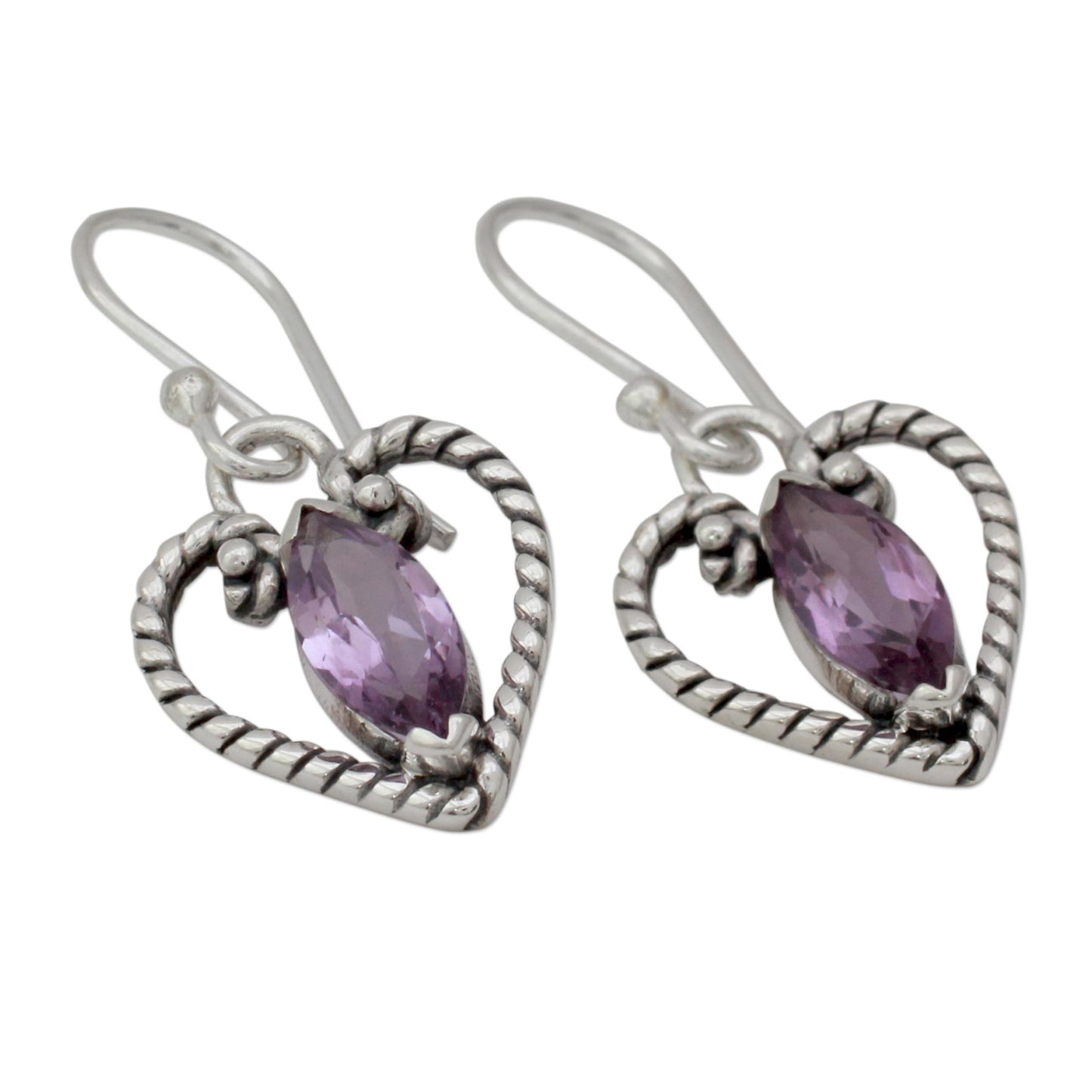 Mystic Love Amethyst Heart Earrings in Sterling Silver from India