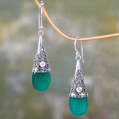 Bali Tradition Sterling Silver and Green Onyx Earrings