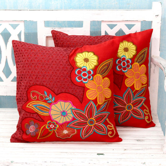 Red Romance Floral Embroidered Cushion Covers (Pair)