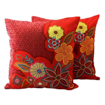 Red Romance Floral Embroidered Cushion Covers (Pair)