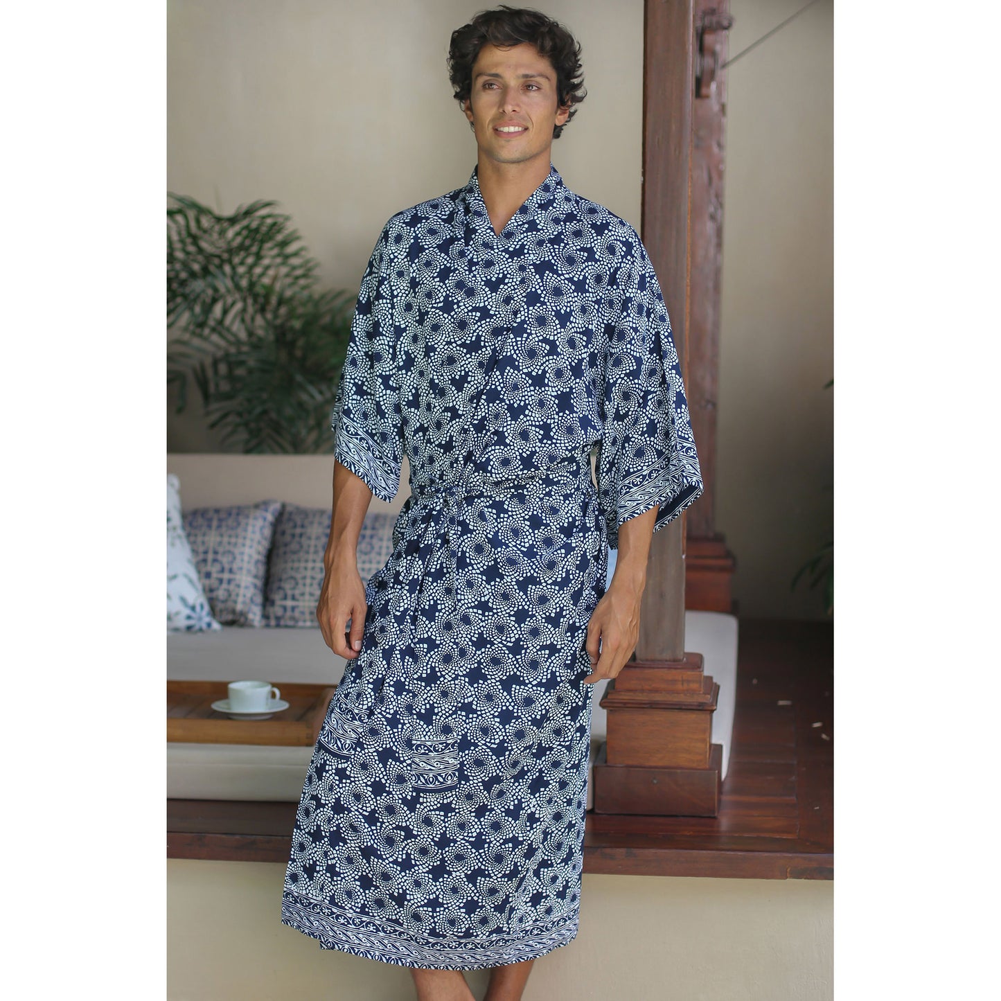 Navy Blue Nebula Men's Batik Robe