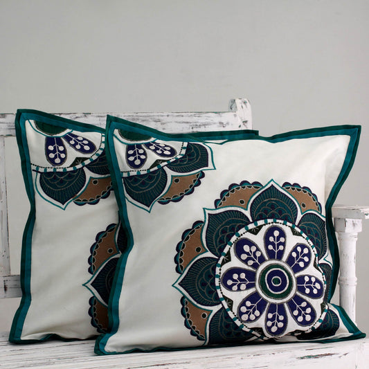 Teal Bouquet Hand Made Floral Patterned Cushion Covers (Pair)