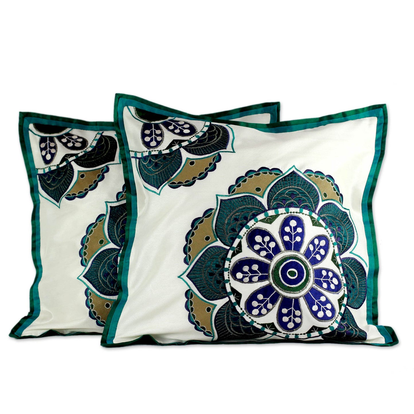 Teal Bouquet Hand Made Floral Patterned Cushion Covers (Pair)