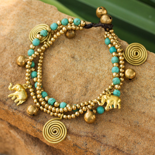 Blue Siam Elephants Hand Crafted Brass Charm Bracelet from Thailand