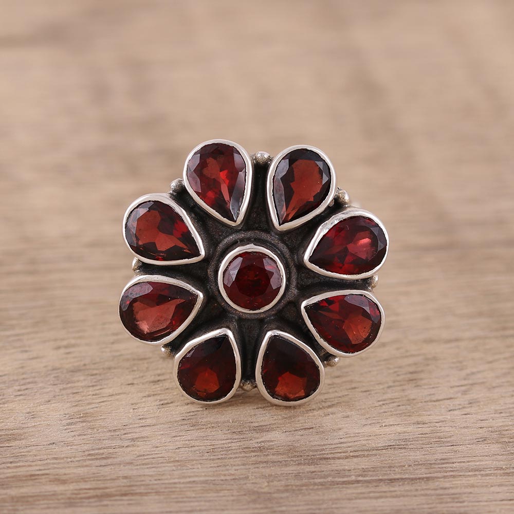 Floral Glamour Garnet Ring and Sterling Silver Ring Flower Jewelry