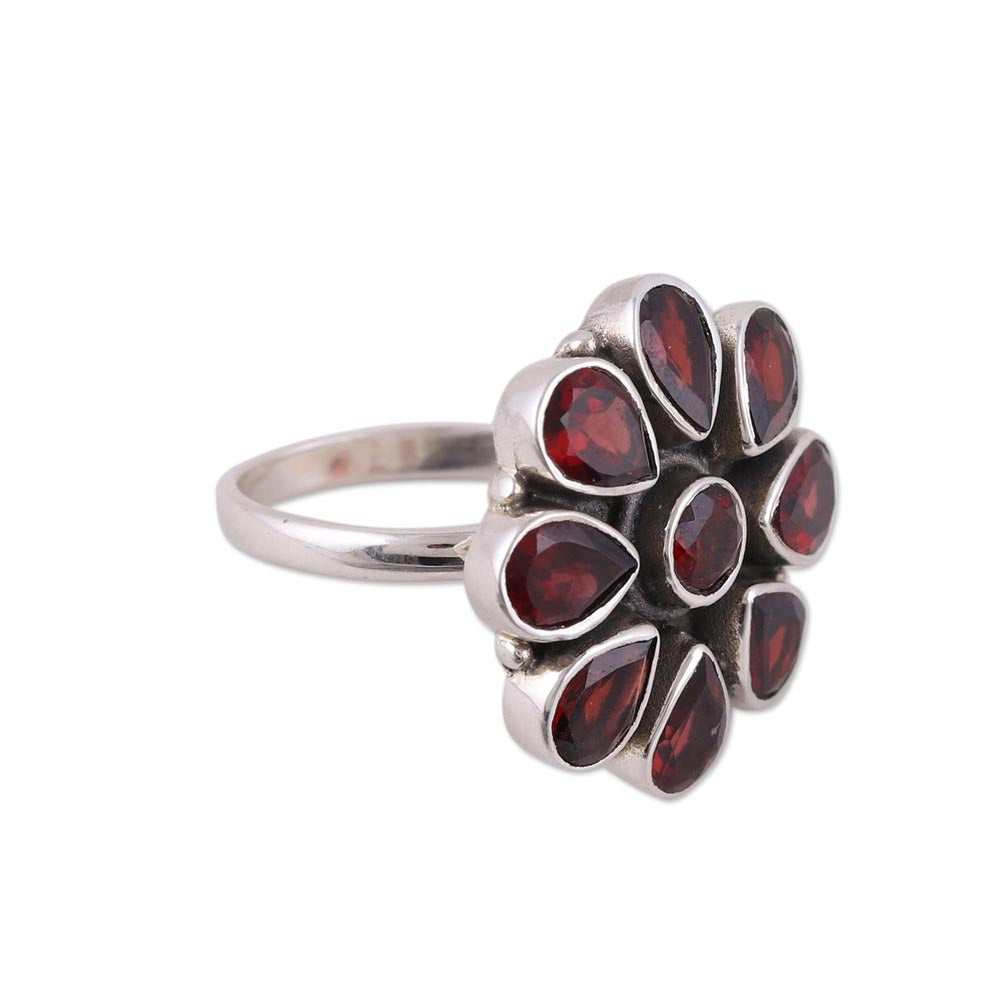 Floral Glamour Garnet Ring and Sterling Silver Ring Flower Jewelry