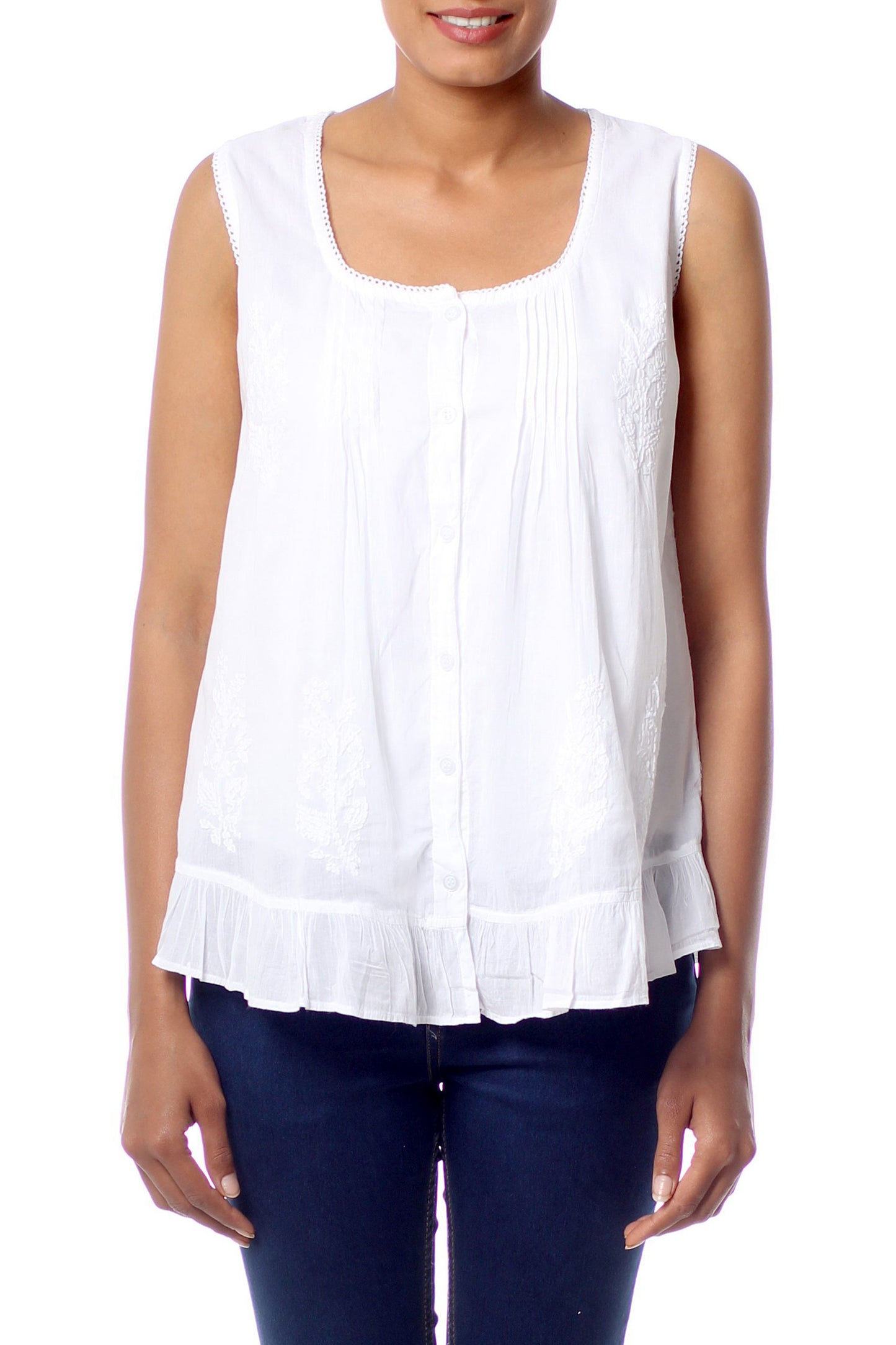 Morning Cloud White Cotton Embroidered Blouse with Pintucks