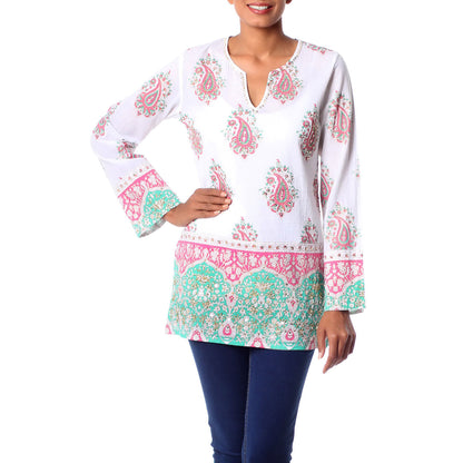 Beautiful Jaipur Green & Pink Cotton Beaded Tunic