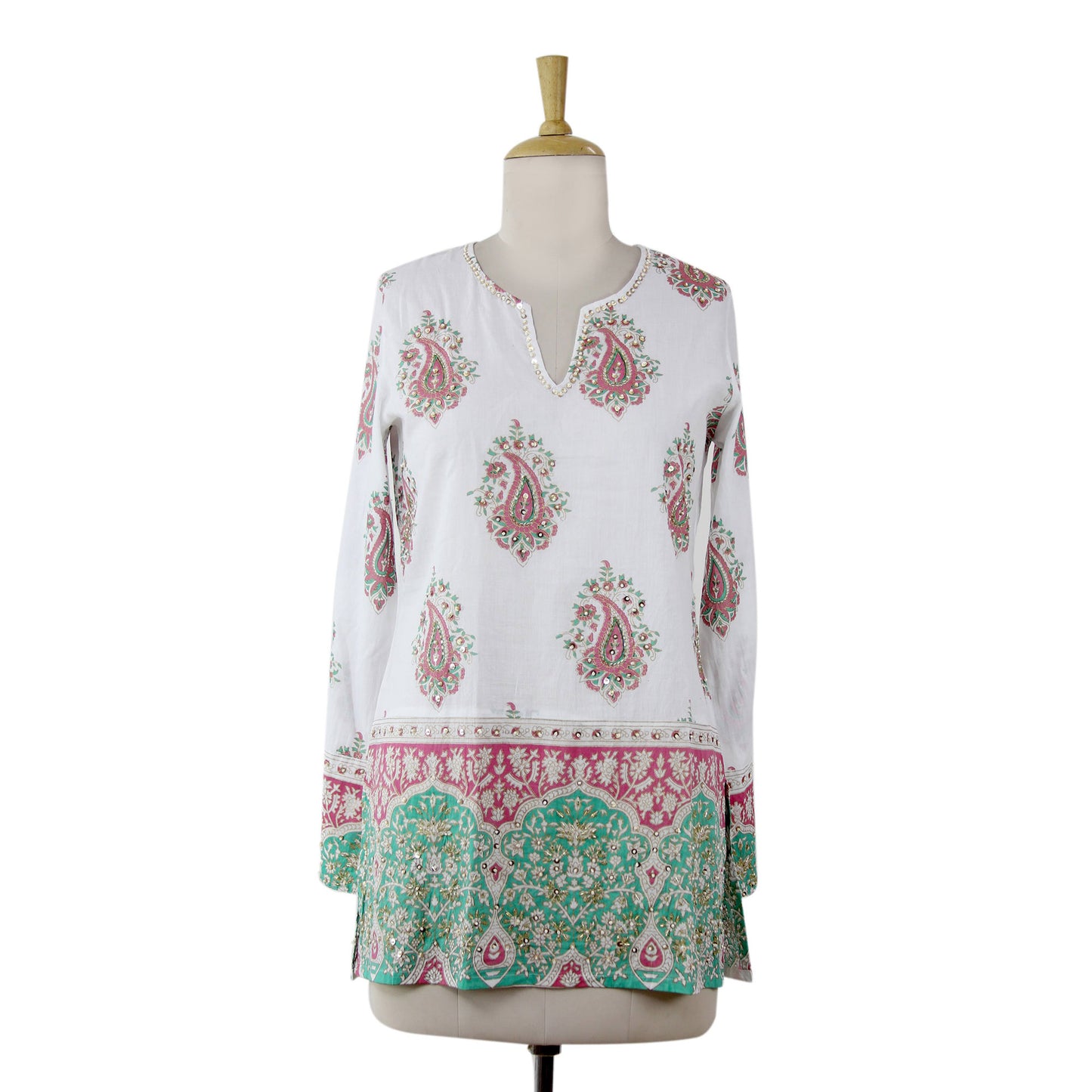 Beautiful Jaipur Green & Pink Cotton Beaded Tunic