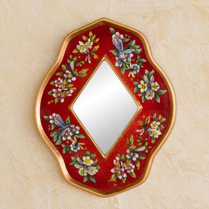 Red Summer Garden Handcrafted Reverse Painted Glass Mirror