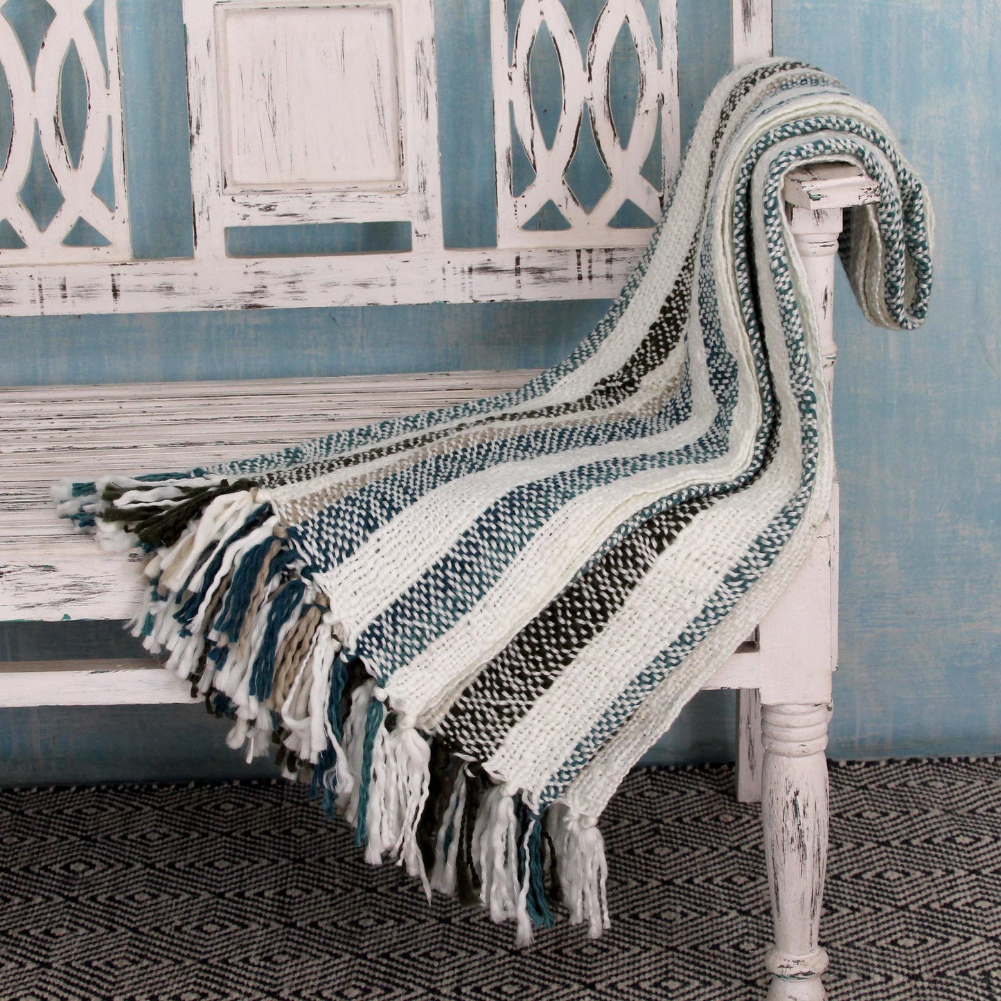 NOVICA - Handcrafted Teal & Beige Throw Blanket