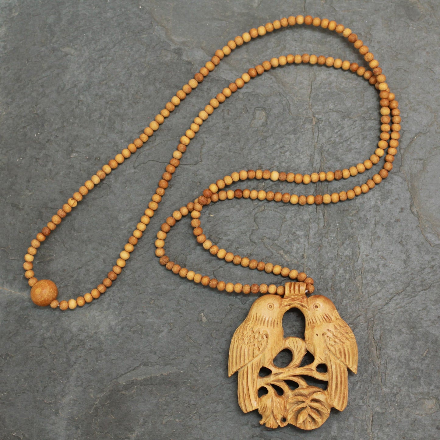 Courtship Wood Beaded Bird Necklace from India