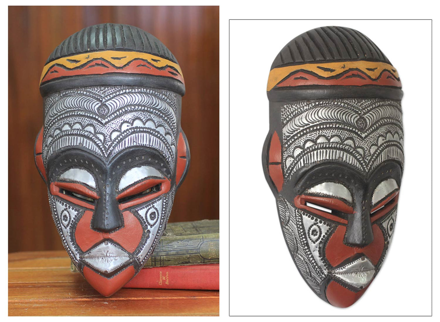 Daimuwa III Hand Carved African Wood Mask with Embossed Aluminum